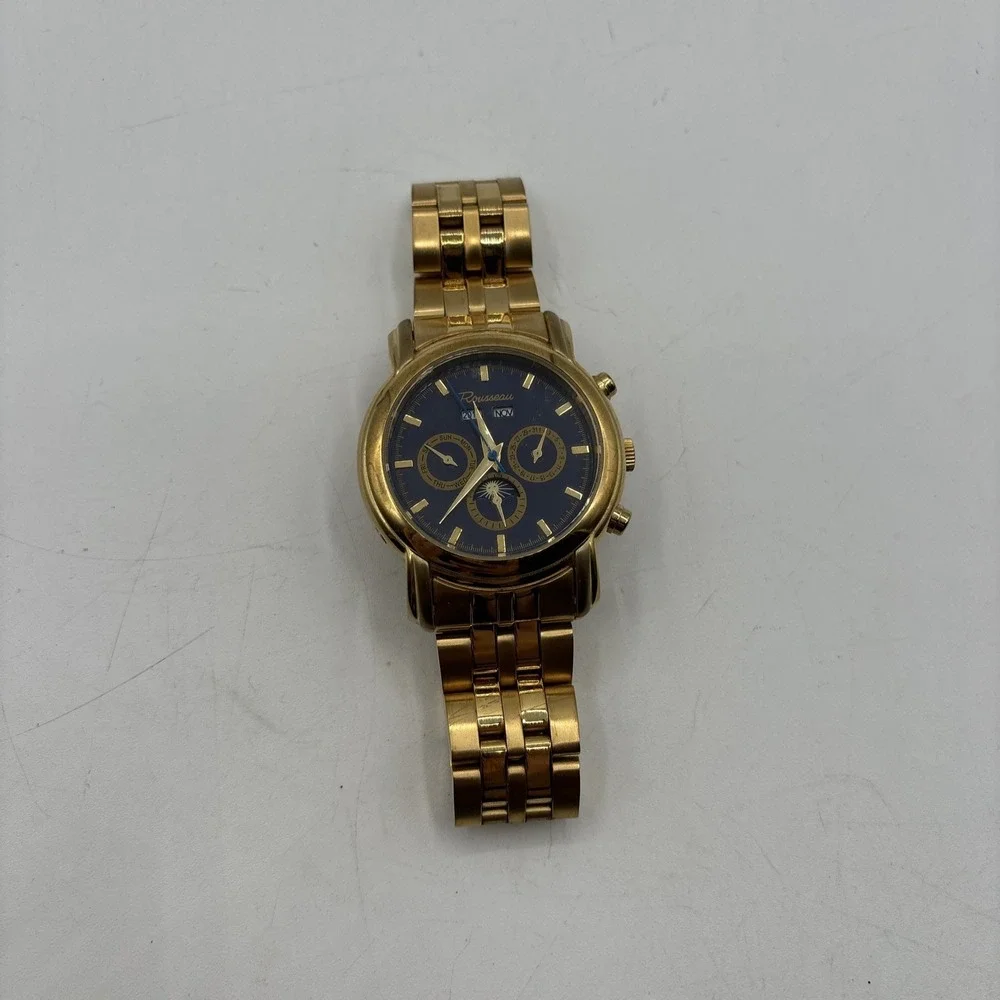 Rousseau R183-809 Gold Stainless Steel Automatic Dress Watch Blue Dial 3 ATM